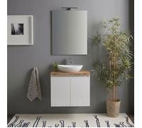 Meuble salle de bain suspendu 60 cm blanc brillant, plateau chêne naturel, miroir et lampe | Benaco