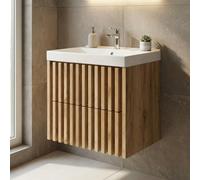 Meuble salle de bain suspendu 60 x 56 x 46 cm avec lavabo décor lattes chêne mat Delano SAT (DELANO60ZDSAT)