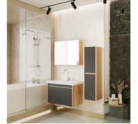 Meuble salle de bain suspendu 80 cm anthracite - Dallas - Ensemble 4 pièces : vasque céramique, miroir, colonne