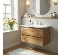 Meuble salle de bain suspendu 99 x 50 x 45 cm - 2 tiroirs - lavabo en marbre coulé - chêne mat - B-Way (BWAY2100OAKU)