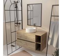 Meuble salle de bains 100 TIMBER Décor Chêne Tiroirs + Niches - Vasque Blanche - Miroir Bords Noirs