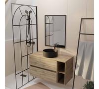 Meuble salle de bains 100 TIMBER Décor Chêne Tiroirs + Niches - Vasque Noire - Miroir Bords Noirs