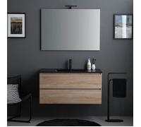 Meuble salle de bains 100cm chêne avec lavabo noir mat et miroir avec lampe | Berlin