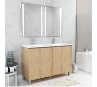Meuble Salle de Bains 120 cm Chêne Clair 4 Portes, Vasque, Miroirs 60x80 à Leds intégrées - XENOS