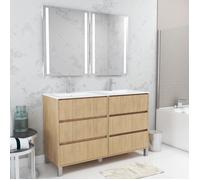 Meuble Salle de Bains 120 cm Chêne Clair 6 Tiroirs, Vasque, Miroirs 60x80 à Leds intégrées - XENOS