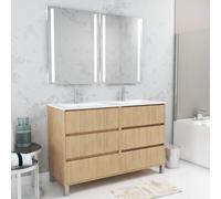 Meuble Salle de Bains 120 cm Chêne Clair 6 Tiroirs, Vasque, Miroirs 60x80 à Leds intégrées - XENOS Multicolore