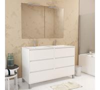 Meuble Salle de Bains 120 cm Laqué Blanc 6 Tiroirs, Vasque, Miroirs 60x80 et Réglettes Led - XENOS
