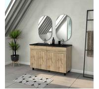 Meuble Salle de Bains 120cm 4 Portes Chêne Naturel + Vasque Noire et Miroirs Ovales