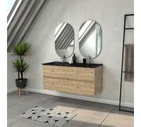 Meuble Salle de Bains 120cm 4 Tiroirs Ch?ne Industriel + Vasque Noire et Miroirs Ovales