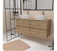Meuble Salle de Bains 120cm 4 Tiroirs Chêne Naturel - 2 Vasques Rondes 36cm Blanches Effet Marbre
