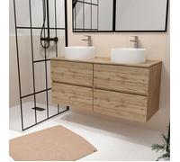 Meuble Salle de Bains 120cm 4 Tiroirs Chêne Naturel - 2 Vasques Rondes 36cm en Céramique Blanche