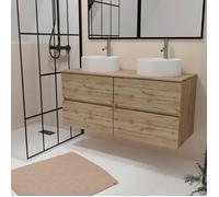 Meuble Salle de Bains 120cm 4 Tiroirs Chêne Naturel - 2 Vasques Rondes 41cm en Céramique Blanche