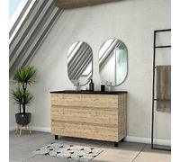 Meuble Salle de Bains 120cm 6 Tiroirs Ch?ne Industriel + Vasque Noire et Miroirs Ovales