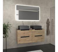 Meuble salle de bains 120cm Chêne et noir, Vasques carrées et Miroir Led 120x70 - OMEGA