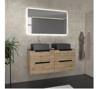 Meuble salle de bains 120cm Chêne et noir, Vasques carrées et Miroir Led 120x70 - OMEGA