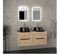 Meuble salle de bains 120cm Chêne et noir, Vasques rondes Ø41cm et Miroirs Led 40x60 - OMEGA