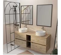 Meuble Salle de Bains 140 TIMBER Décor Chêne 4 Tiroirs et Module 2 Vasques Blanches 2 Miroirs 60x80