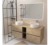 Meuble Salle de Bains 140 TIMBER Décor Chêne 4 Tiroirs et Module Vasques Blanches Miroir LED 120x70
