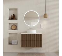 Meuble Salle de Bains 60 2 Tiroirs Décor Chêne et Noir - Vasque et Plan Blancs - Miroir LED Ø60