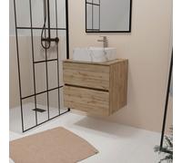 Meuble Salle de Bains 60cm 2 Tiroirs Chêne Naturel + Vasque Carrée 38x38x13cm Blanche Effet Marbre