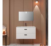 Meuble salle de bains 80 cm 2 Tiroirs Blanc avec Vasque blanche, miroir et applique Led - BOX LED