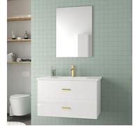 Meuble Salle de Bains 80 cm Laqué Blanc et Or Doré à Tiroirs avec Vasque Céramique et Miroir