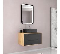 Meuble Salle de Bains 80 cm, Vasque Rectangulaire et Miroir Led - Chêne naturel et Noir Mat - UBY