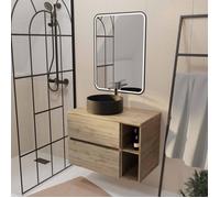Meuble salle de bains 80 TIMBER Décor Chêne Tiroirs + Module - Vasque et Miroir 60x80 LED bord Noir