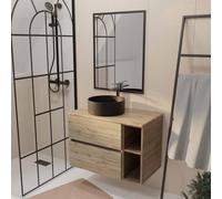 Meuble salle de bains 80 TIMBER Décor Chêne Tiroirs + Niches - Vasque Noire - Miroir Bords Noirs