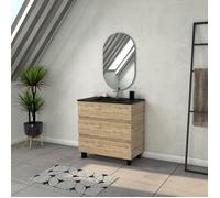 Meuble Salle de Bains 80cm 3 Tiroirs Chêne Naturel + Vasque Noire et Miroir Ovale