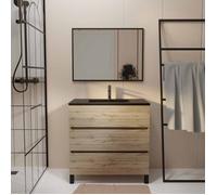 Meuble salle de bain 80x80 cm - Finition chene naturel + vasque noire + miroir - TIMBER 80 - Pack17