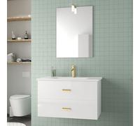 Meuble Salle de Bains 80cm Laqué Blanc et Or Doré à Tiroirs avec Vasque - Miroir & Applique Led