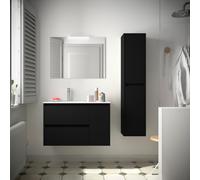 Meuble salle de bains 85cm 2 tiroirs 1 porte à droite et miroir Black Satin NOJA - SALGAR 105401