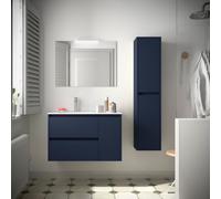 Meuble salle de bains 85cm 2 tiroirs 1 porte à droite et miroir Blue Satin NOJA - SALGAR 105402