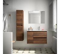 Meuble salle de bains 85cm 2 tiroirs 1 porte à gauche et miroir Noyer Maya NOJA - SALGAR 105416