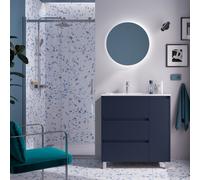 Meuble salle de bains, plan de vasque et miroir 85cm 3 tiroirs 1 porte à droite Blue Satin NOJA - SALGAR 105640