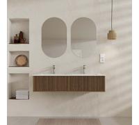 Meuble Salle de Bains YUKI 120 2 Tiroirs Décor Chêne et Noir - Vasque Blanche - Miroirs Ovales 50x80