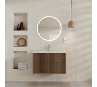 Meuble Salle de Bains YUKI 60 2 Tiroirs Décor Chêne et Noir - Vasque Blanche - Miroir LED Ø60