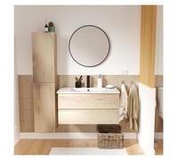 Meuble simple vasque 80cm décor chêne SORRENTO+robinet noir+miroir+colonne