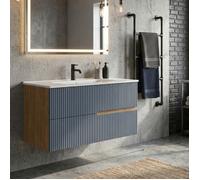 Meuble simple vasque L.100cm à suspendre Chêne naturel 2 tiroirs Bleu Mer cannelé EVA - sans colonne