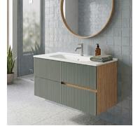 Meuble simple vasque L.100cm à suspendre Chêne naturel 2 tiroirs Vert sauge cannelé EVA - sans colonne