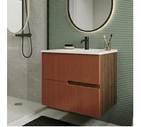 Meuble simple vasque L.60cm à suspendre Chêne Moka 2 tiroirs Brique cannelé EVA - sans colonne