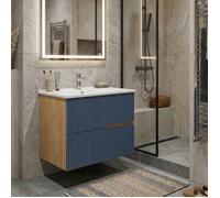 Meuble simple vasque L.60cm à suspendre Chêne naturel 2 tiroirs Bleu Mer cannelé EVA - sans colonne