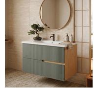 Meuble simple vasque L.80cm à suspendre Chêne naturel 2 tiroirs Vert sauge cannelé EVA - sans colonne