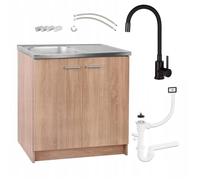 Meuble sous Évier 80 cm Chêne Sonoma + Évier Deante Inox + Robinet Extensible Noir + Siphon LV - 80x49x82 cm