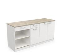 Meuble sous Evier Cuisine Bas 3 Portes 2 Tiroirs et 1 Niche - Cooking - Coloris Blanc & Chêne - 60 x 180 x 85,2 cm