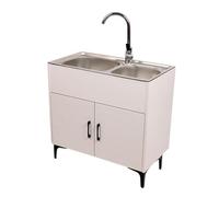 Meuble sous-évier de cuisine en acier inoxydable avec robinet d'eau chaude et froide, double cuve pour se laver les mains, idéal pour la maison, les restaurants et l'extérieur. Convient pour une util