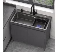 Meuble sous-évier Utilitaire autoportant, Vasque en Acier Inoxydable 304 avec Panneau en Aluminium, bac à lessive Gris foncé, mitigeur, Distributeur de Savon, Tuyau d'évacuation 80 cm