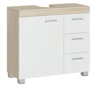 Meuble Sous Lavabo, 3 Tiroirs Latéraux, 2 Cases Derrière La Porte, Pour Lavabos Sur Colonne, Avec Pieds, 30 X 70 X 64 Cm, Blanc Et Beige Naturel Beige