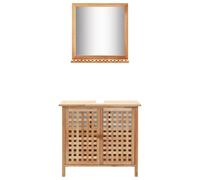 Meuble sous lavabo avec miroir en bois de noyer massif | Bois massif et contreplaqué, 2 portes avec design en grille, étagère à lattes, espace de rangement pour salle de bain